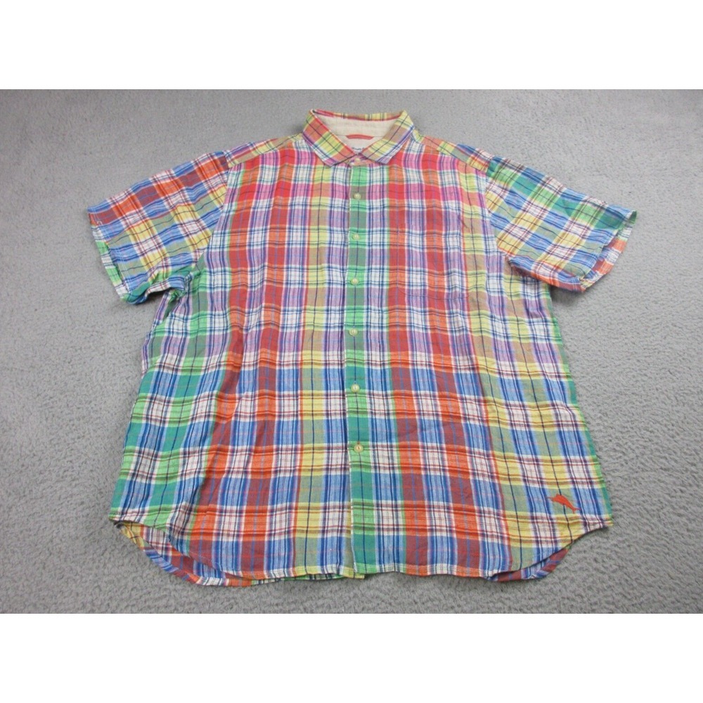 Tommy Bahama Shirt Mens Extra Large Red Plaid Linen Button Up Casual Marlin Logo